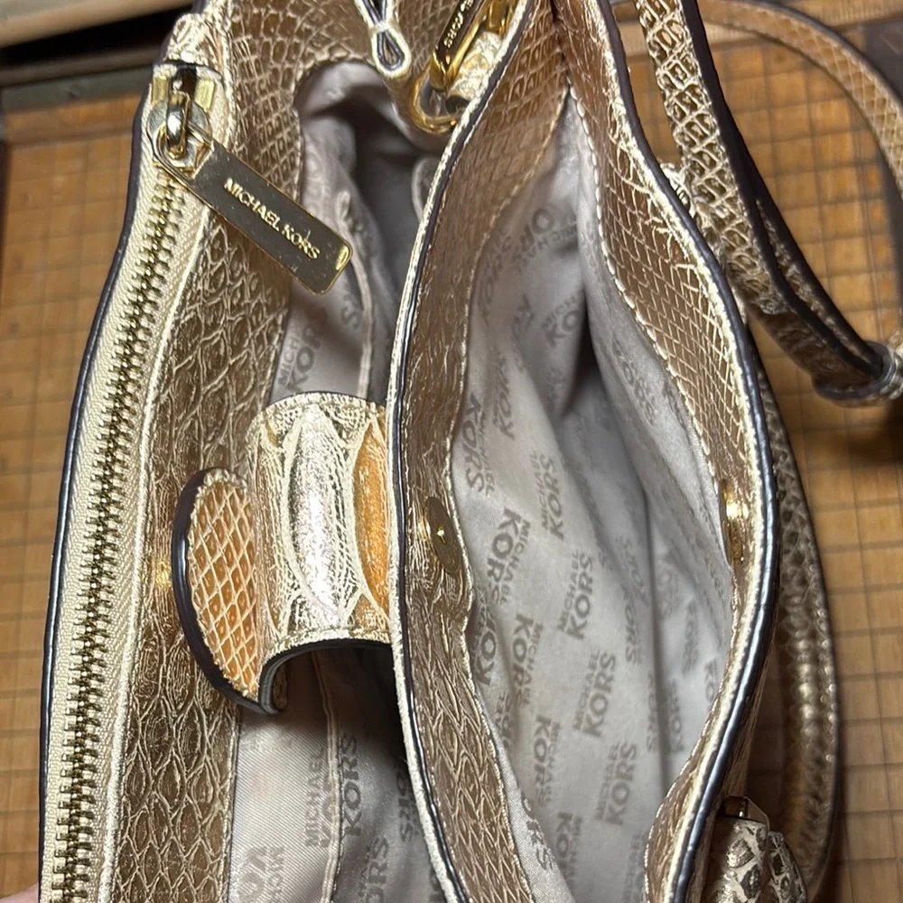 MICHAEL Michael Kors Metallic Gold Snakeskin Satchel w Dust Bag, Gold Tone Charm